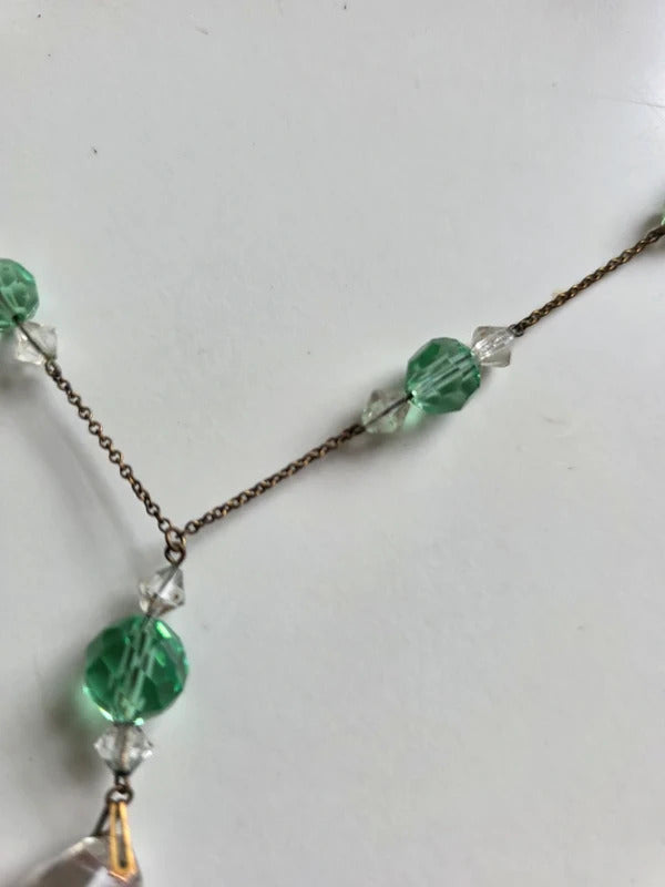 Vintage Art Deco Faceted Glass Drop Necklace – Green & Clear