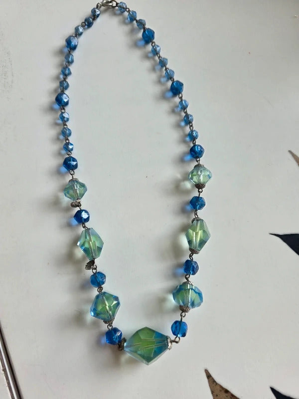 Vintage Czech Bi colour Uranium 1930s Art Deco Faceted Glass Necklace