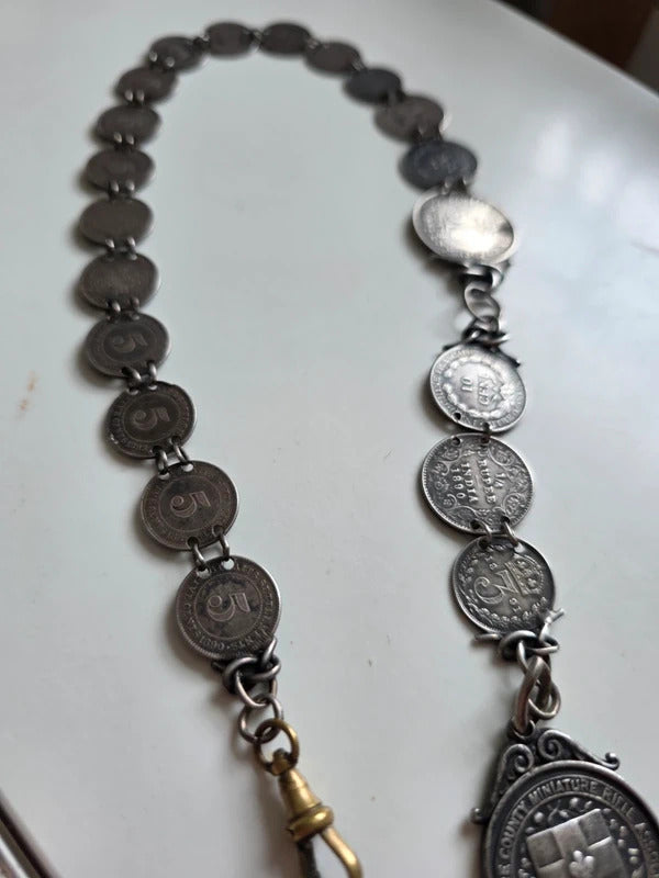 Antique Sterling Silver Coin Pocket Watch Chain – 1890s Coins – Hallmarked Albert Chain