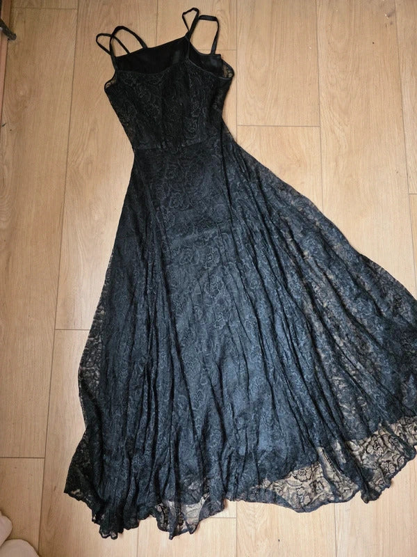 Antique Vintage 1930s Black Satin and Lace Gown Maxi