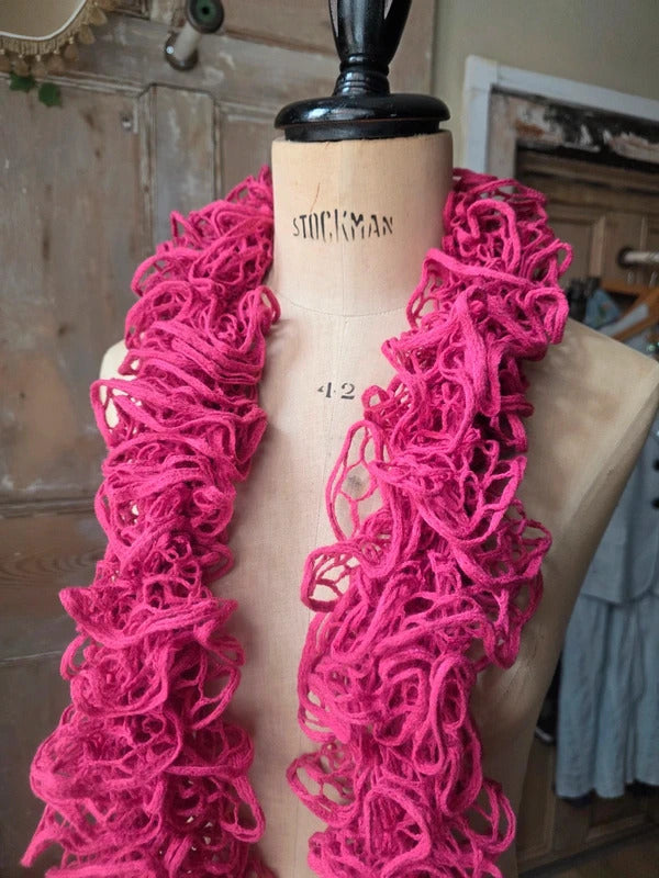 Vintage Y2K Bold Pink Crochet Skinny Ruffle Scarf