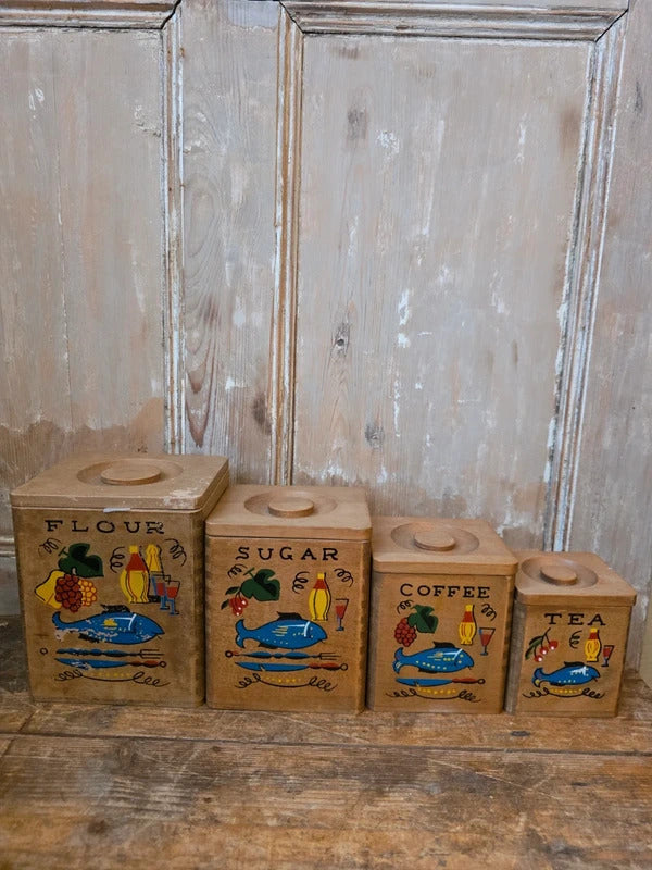 Vintage 1940s–1950s Hand-Painted Kitchen Canister Set (Flour, Sugar, Coffee, Tea)