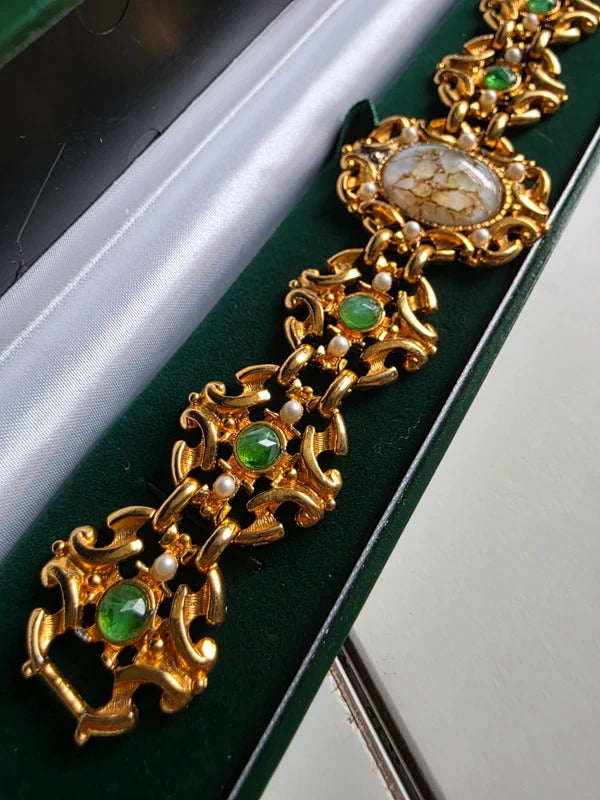 Vintage Mid-Century Gold-Tone Costume Bracelet with Green & Faux Pearl Details