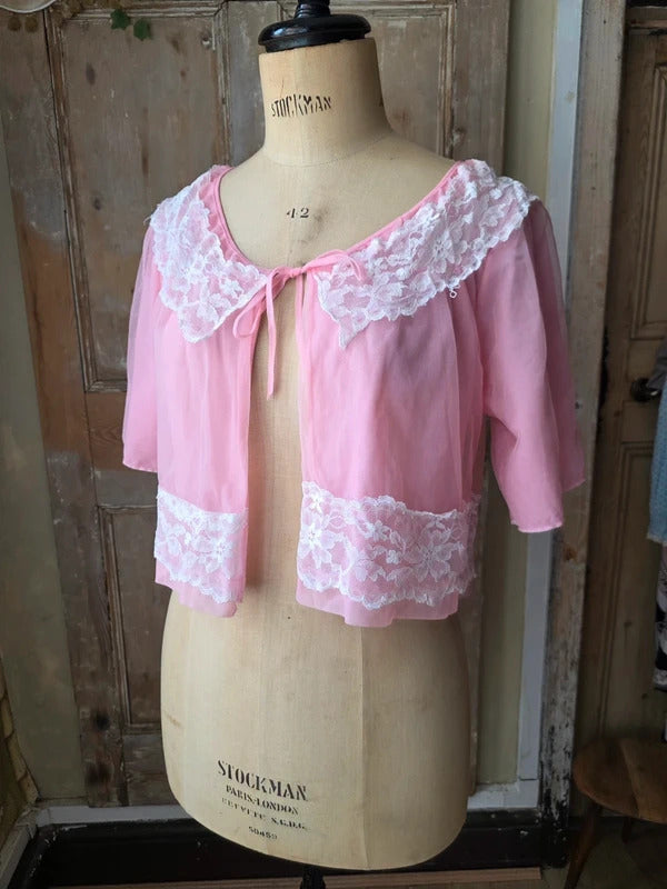 Vintage 1960s White Lace Collar & Trim Pink Nylon Bed Jacket