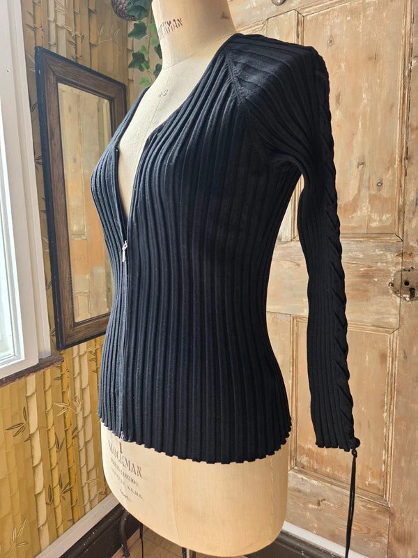 Vintage  y2k Belldini Black Ribbed Zip-Up Knit Cardigan Sweater Cable-Detail Sleeve