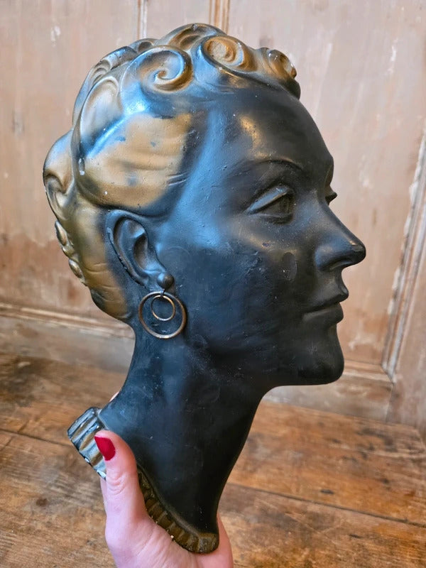 Vintage Art Deco Style Chalkware Female Bust – 1930s/40s Wall Mask