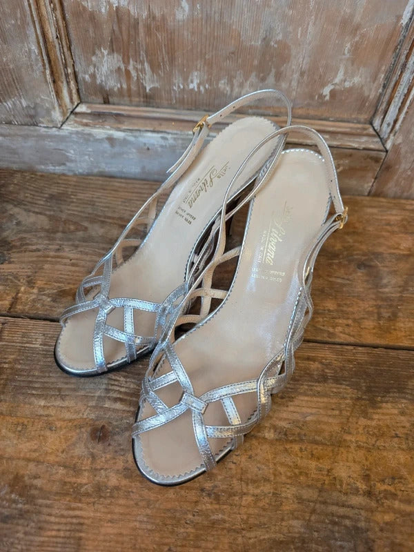 Vintage 60s Italian Silver Lamé Leather Sling Back Heels UK 4 Deadstock