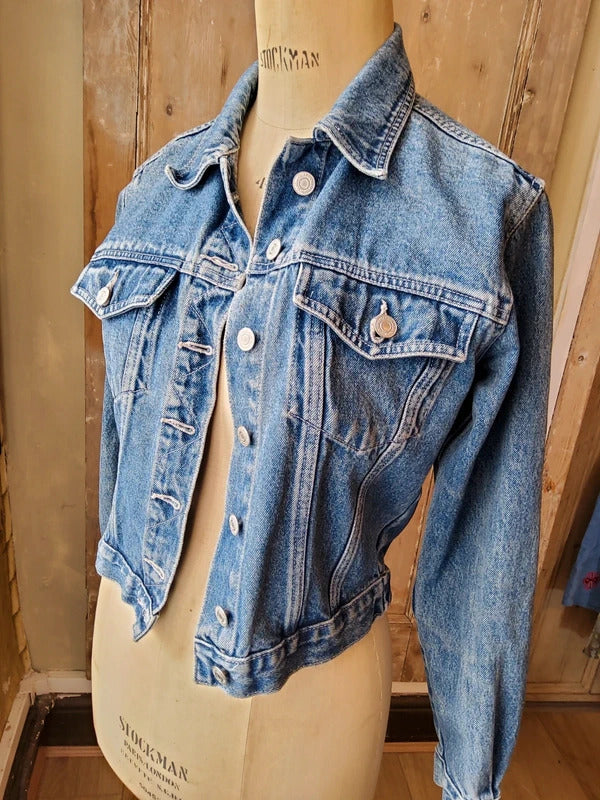 Vintage Y2K Cropped Denim Jacket Green Jeans Streetwear Mid Wash Blue Size S