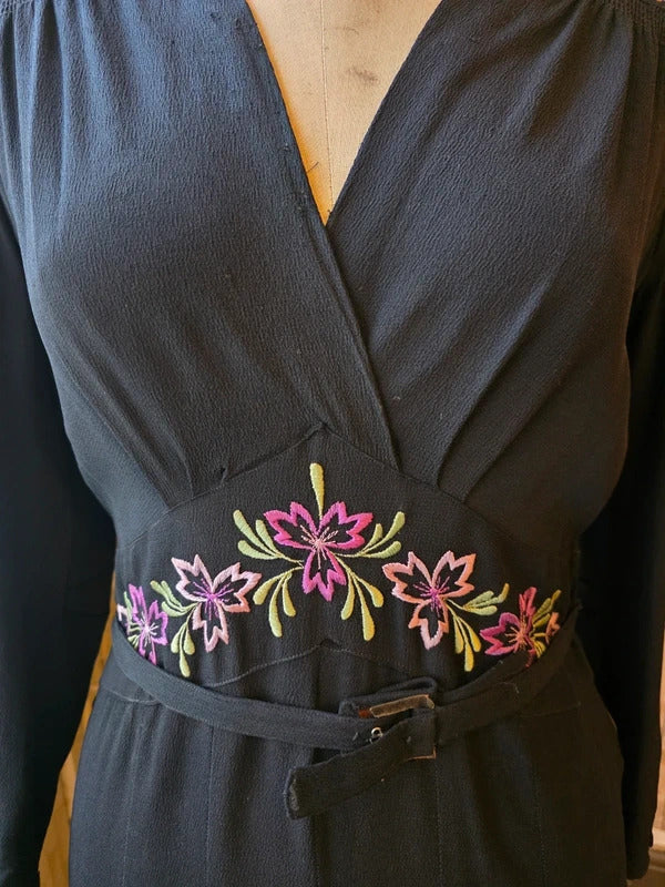 Vintage 1930s Black Crepe Dress Floral Embroidery Wrap Neckline Make Do And Mend UK 12