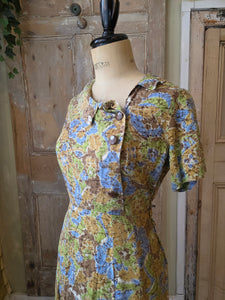 Vintage 1940s Style Floral Cotton Day Dress with Asymmetrical Collar – UK 10/12