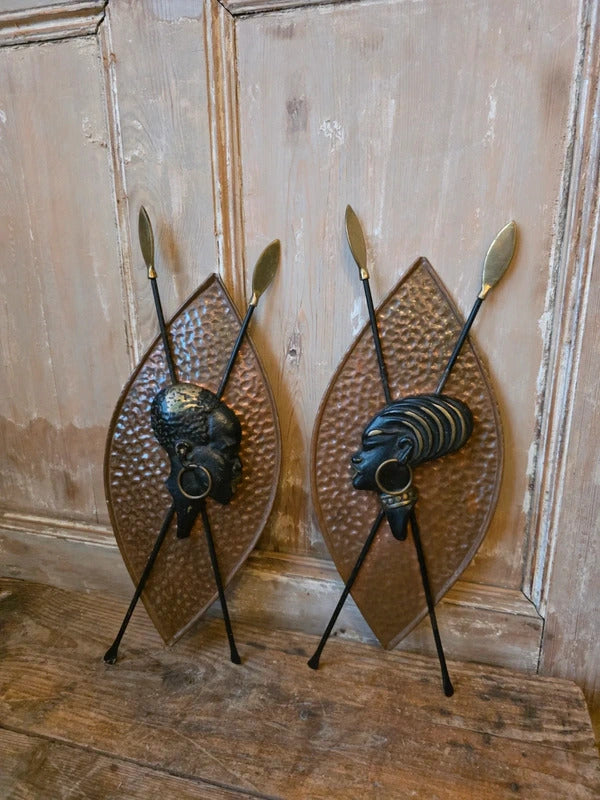 RARE Vintage Pair Richard Rohac Wall Sculptures Bronze Brass Shield Spears Art Deco / Mid Century