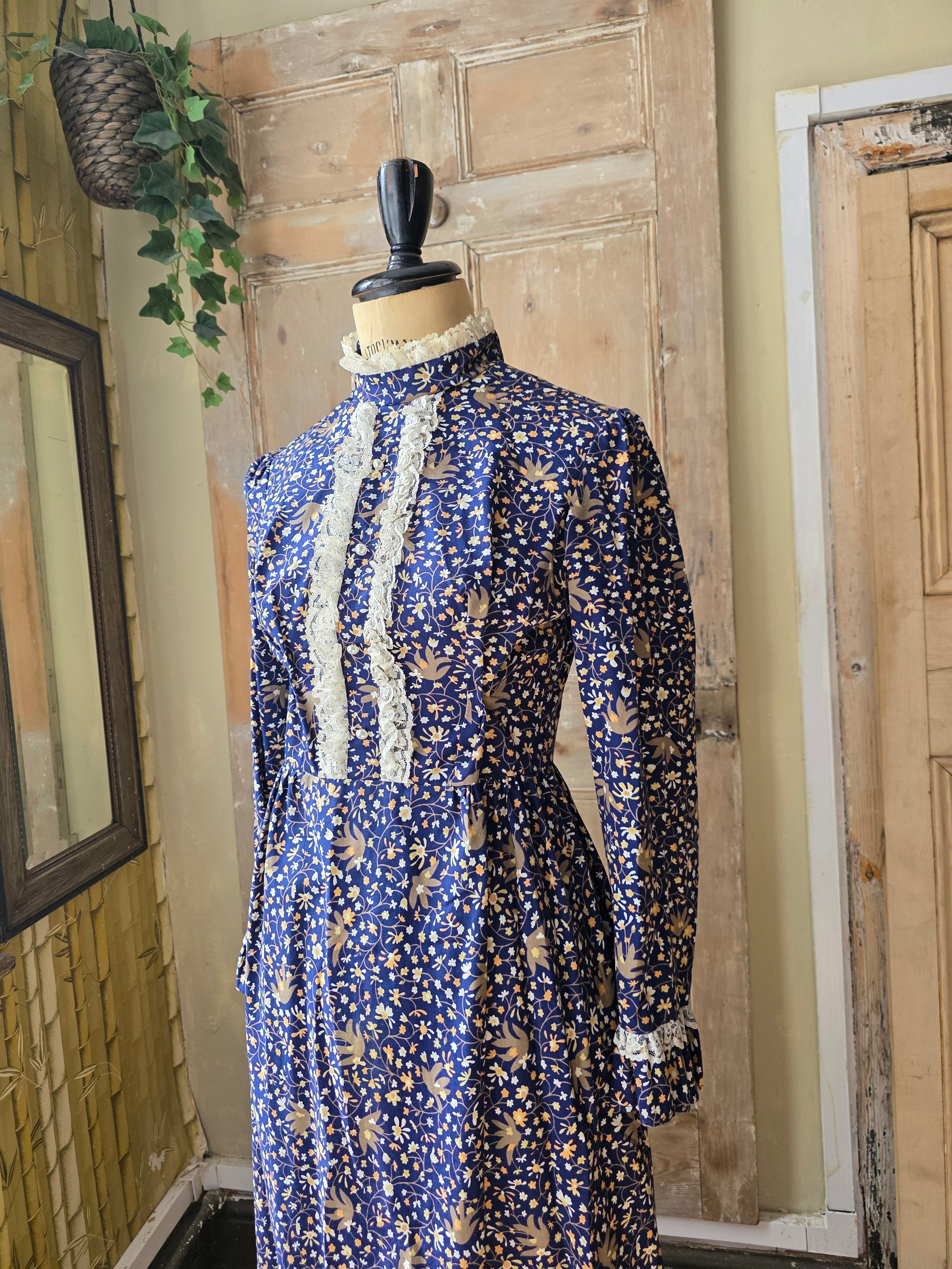 Vintage Prairie Dress High Neck Long Sleeve Maxi Lace Floral Cottagecore 70s