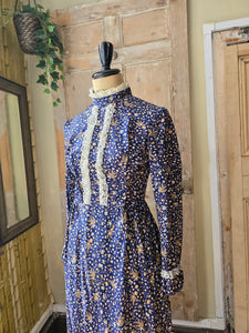 Vintage Prairie Dress High Neck Long Sleeve Maxi Lace Floral Cottagecore 70s