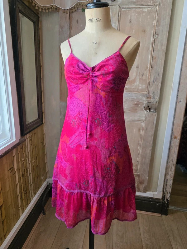 Vintage Y2K fairycore Pink Paisley Slip Dress | Sheer Fairycore Midi | Boho Festival Dress | UK 8