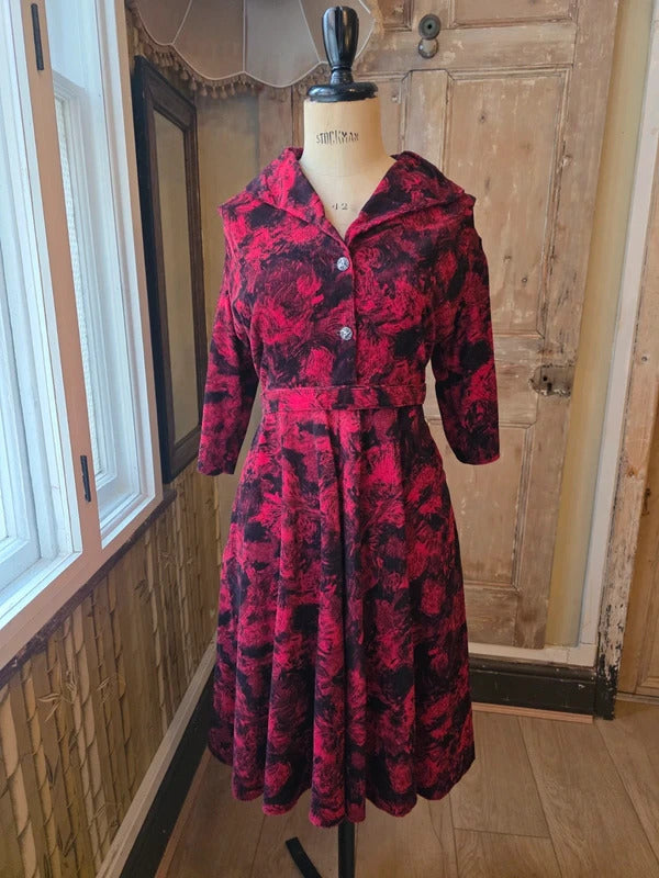 Vintage 1950s Red Black Corduroy Dress Abstract Rose Print Full Skirt UK 16