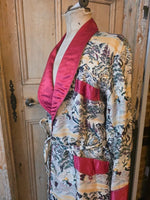 Load image into Gallery viewer, Vintage 1940s Japanese Silk Dressing Gown / Smoking Robe – Scenic Print – Red Satin Trim
