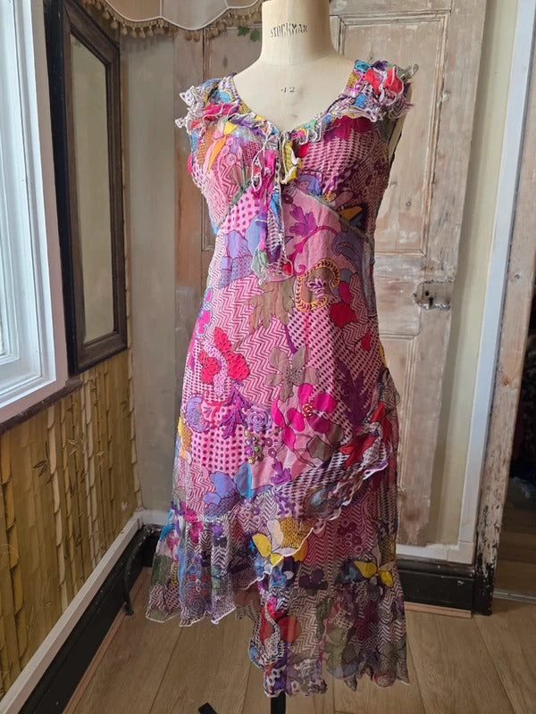 Vintage Y2K Silk Beaded Dress | Floral | fairycore | Bust 38"