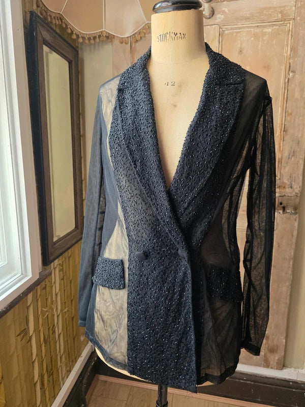 Nicole Farhi Vintage Beaded Sheer Blazer Black UK 12-14