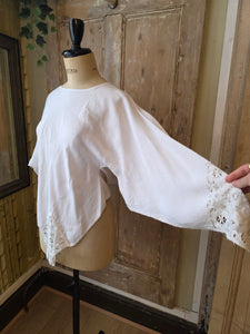Vintage Upcycled Linen Fairy Top – Handmade Boho Blouse, Open Size, Lace Detail