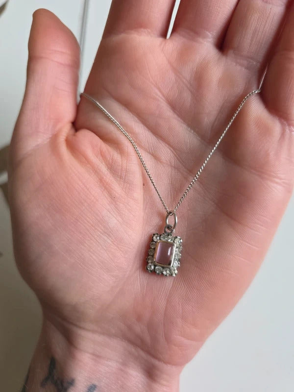 Original Art Deco Pink Glass & Rhinestone Pendant Necklace