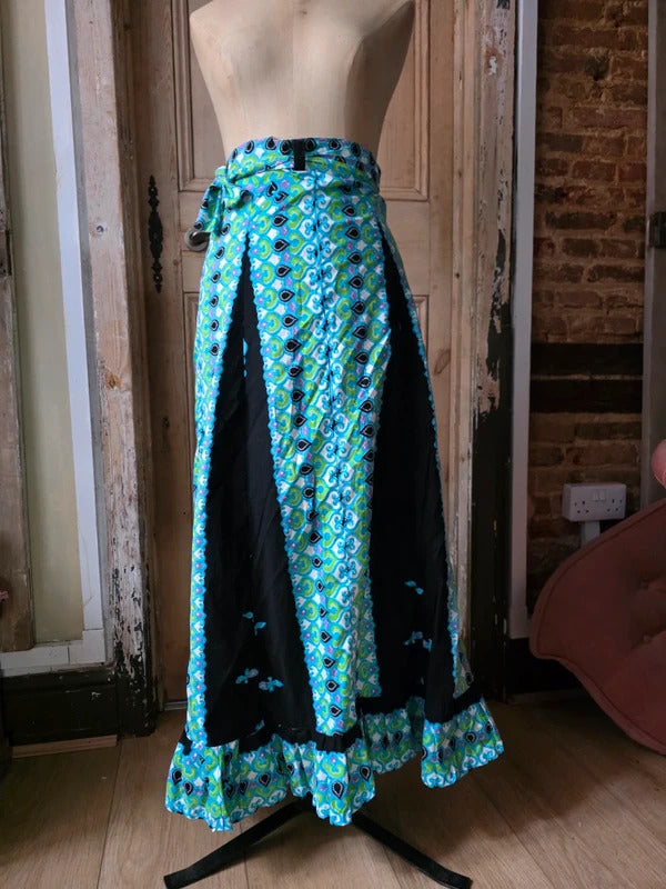 Vintage 1970s Cotton Wrap Maxi Skirt | Psychedelic Paisley Boho Festival | Adjustable Waist uk6-12