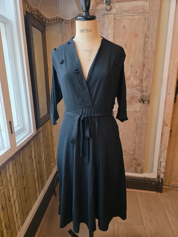 Vintage Late 1930s 1940s Black Wrap Dress Sequin Flower Motifs Swing Skirt UK 14