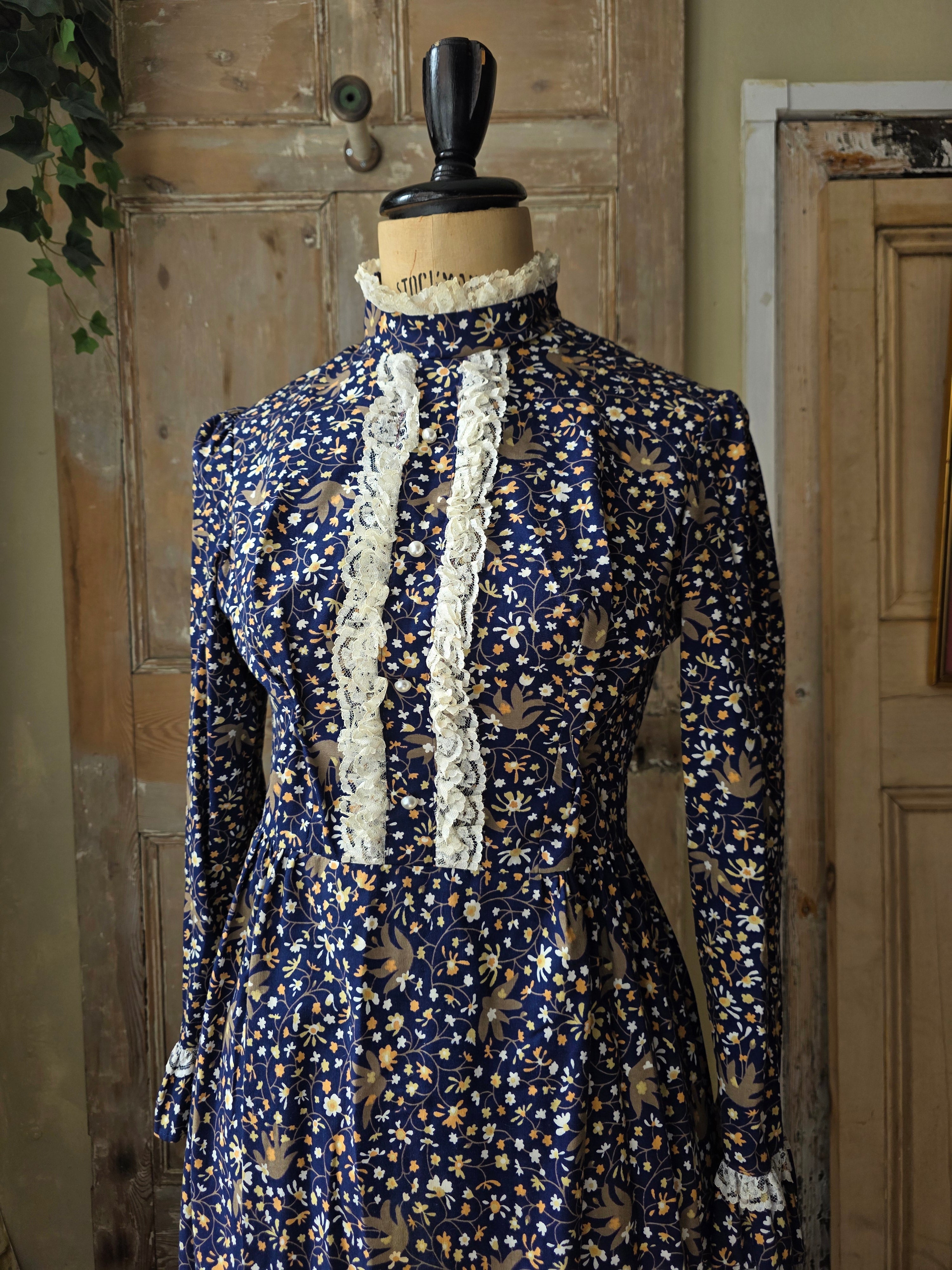 Vintage Prairie Dress High Neck Long Sleeve Maxi Lace Floral Cottagecore 70s