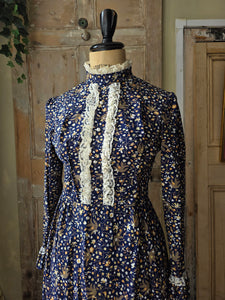 Vintage Prairie Dress High Neck Long Sleeve Maxi Lace Floral Cottagecore 70s