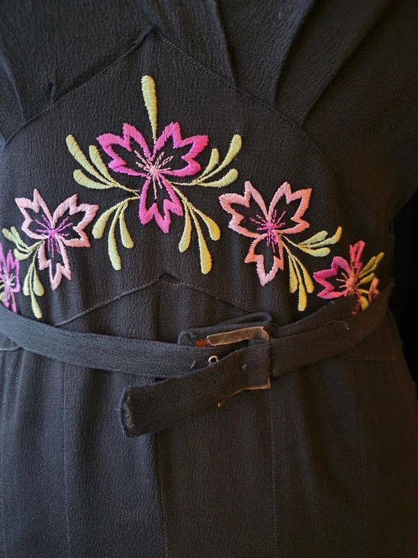 Vintage 1930s Black Crepe Dress Floral Embroidery Wrap Neckline Make Do And Mend UK 12