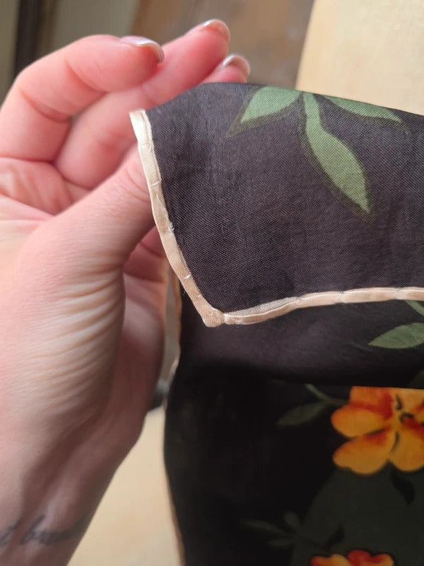 Vintage Silk Floral Scarf - Green & Orange Blossom Print