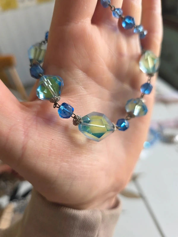 Vintage Czech Bi colour Uranium 1930s Art Deco Faceted Glass Necklace