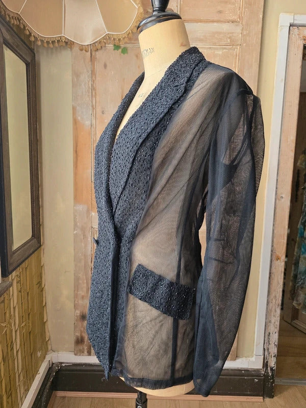 Nicole Farhi Vintage Beaded Sheer Blazer Black UK 12-14