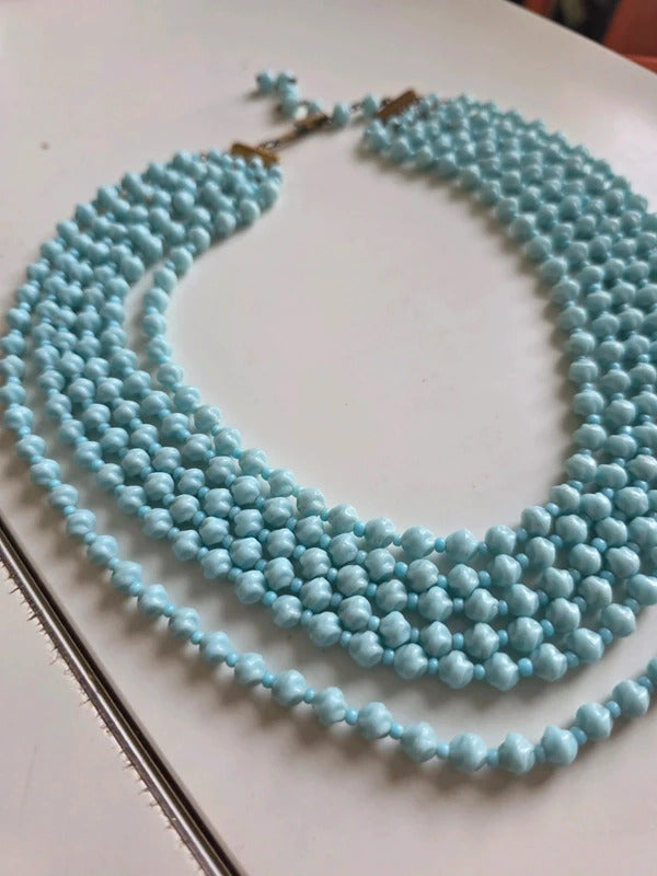 Vintage 1950s Czech Blue Milk Glass Multi Strand Necklace