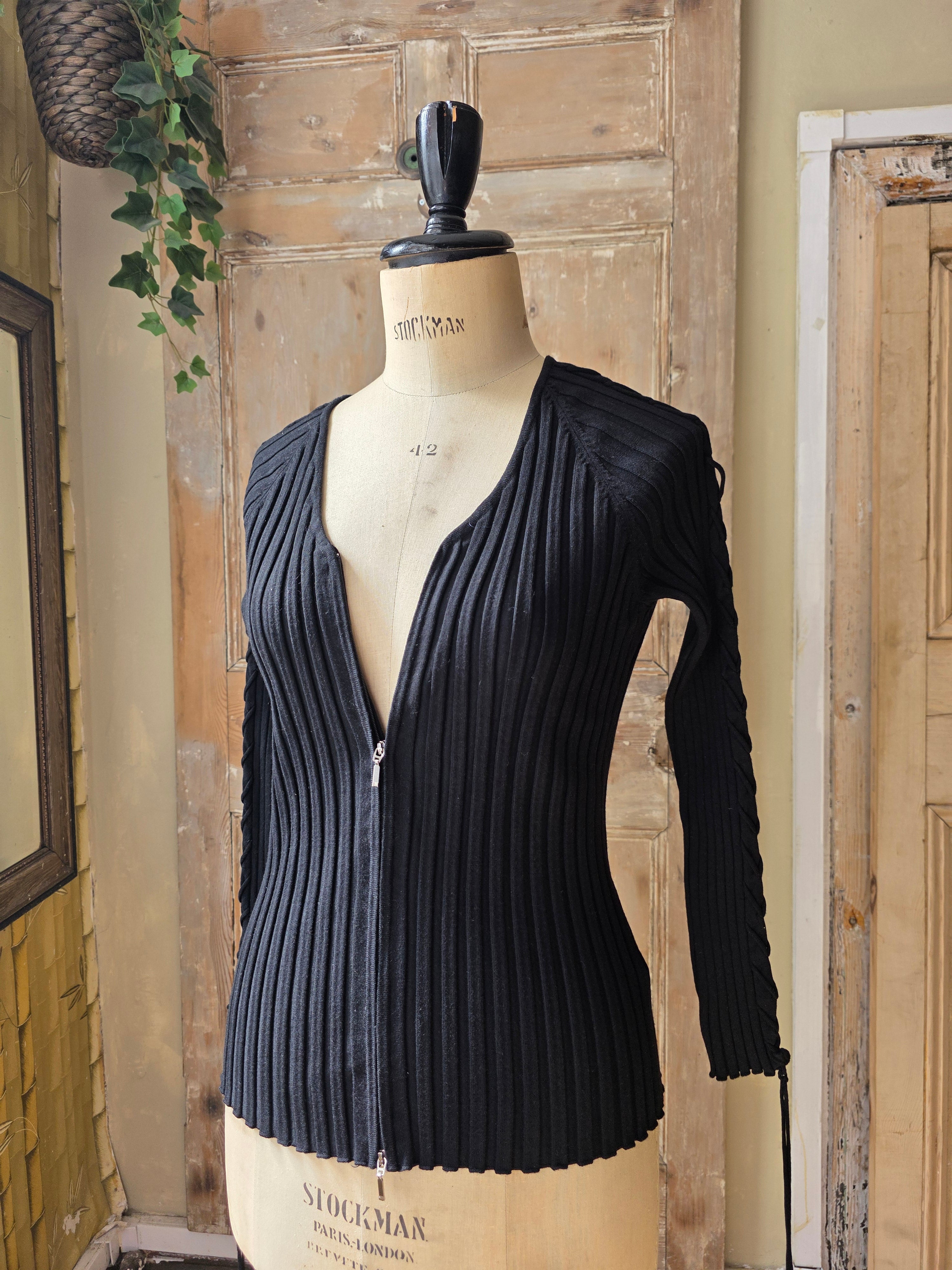Vintage Belldini Black Ribbed Zip-Up Knit Cardigan Sweater Cable-Detail Sleeve