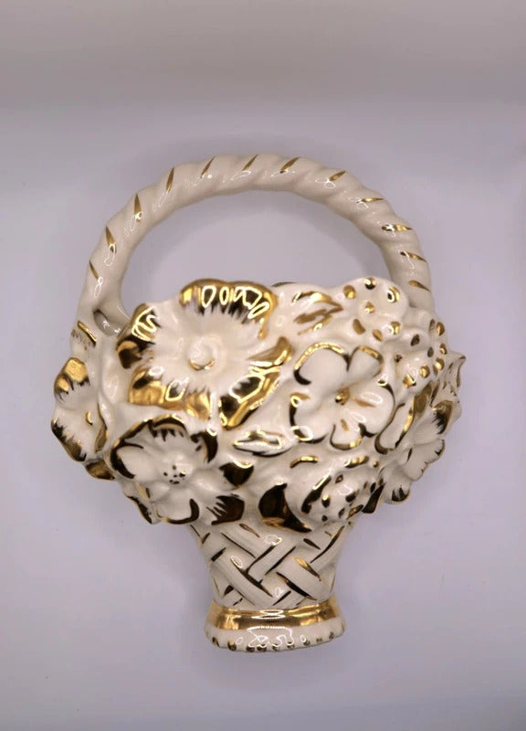 Vintage Retro 40s Kensington Ware KPB Wall Cream Gold Pocket Flower Basket Vase