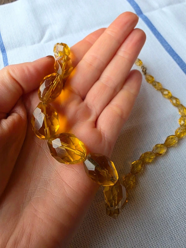 1930s Citrine Glass Necklace Art Deco Faceted Amber Yellow Bead Necklace