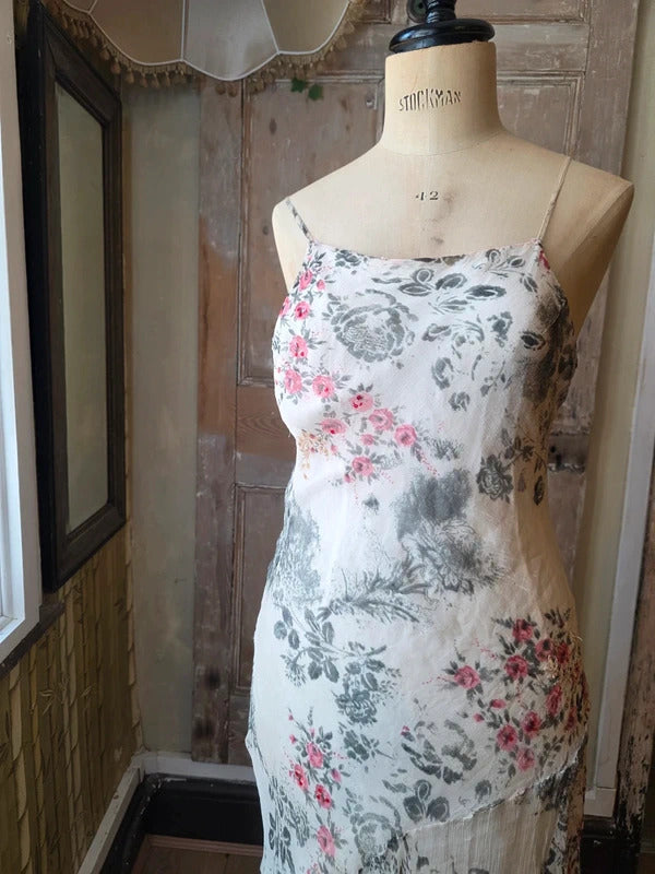 Vintage Y2K fairycore Little Buddha Silk Floral Dress | Handkerchief Hem | Cottagecore Slip | UK 12