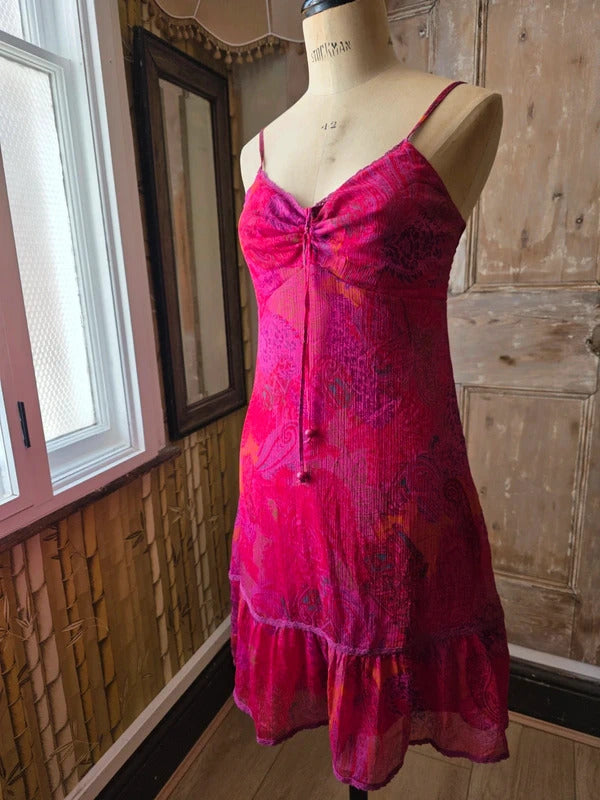 Vintage Y2K fairycore Pink Paisley Slip Dress | Sheer Fairycore Midi | Boho Festival Dress | UK 8