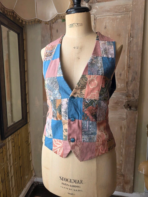 Vintage 1990s Patchwork Tapestry Waistcoat Boho Uk12