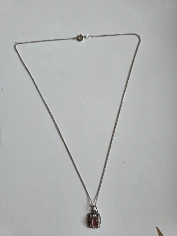 Original Art Deco Pink Glass & Rhinestone Pendant Necklace