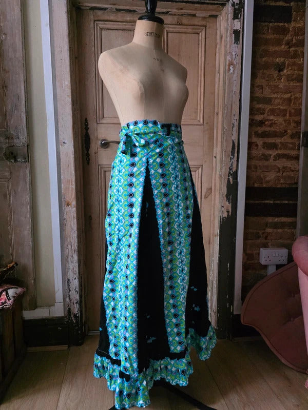 Vintage 1970s Cotton Wrap Maxi Skirt | Psychedelic Paisley Boho Festival | Adjustable Waist uk6-12