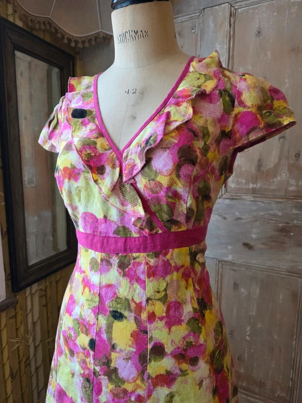 Vintage Y2K M&S Pink & Yellow Floral Linen Dress UK 12