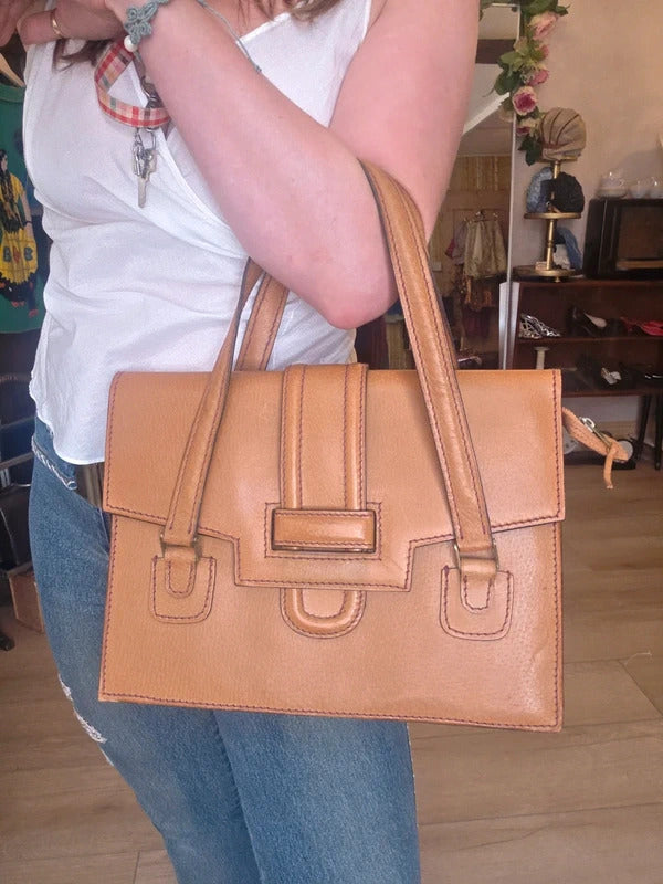 Vintage 1970s Tan Leather Satchel Contrast Stitch Briefcase Bag