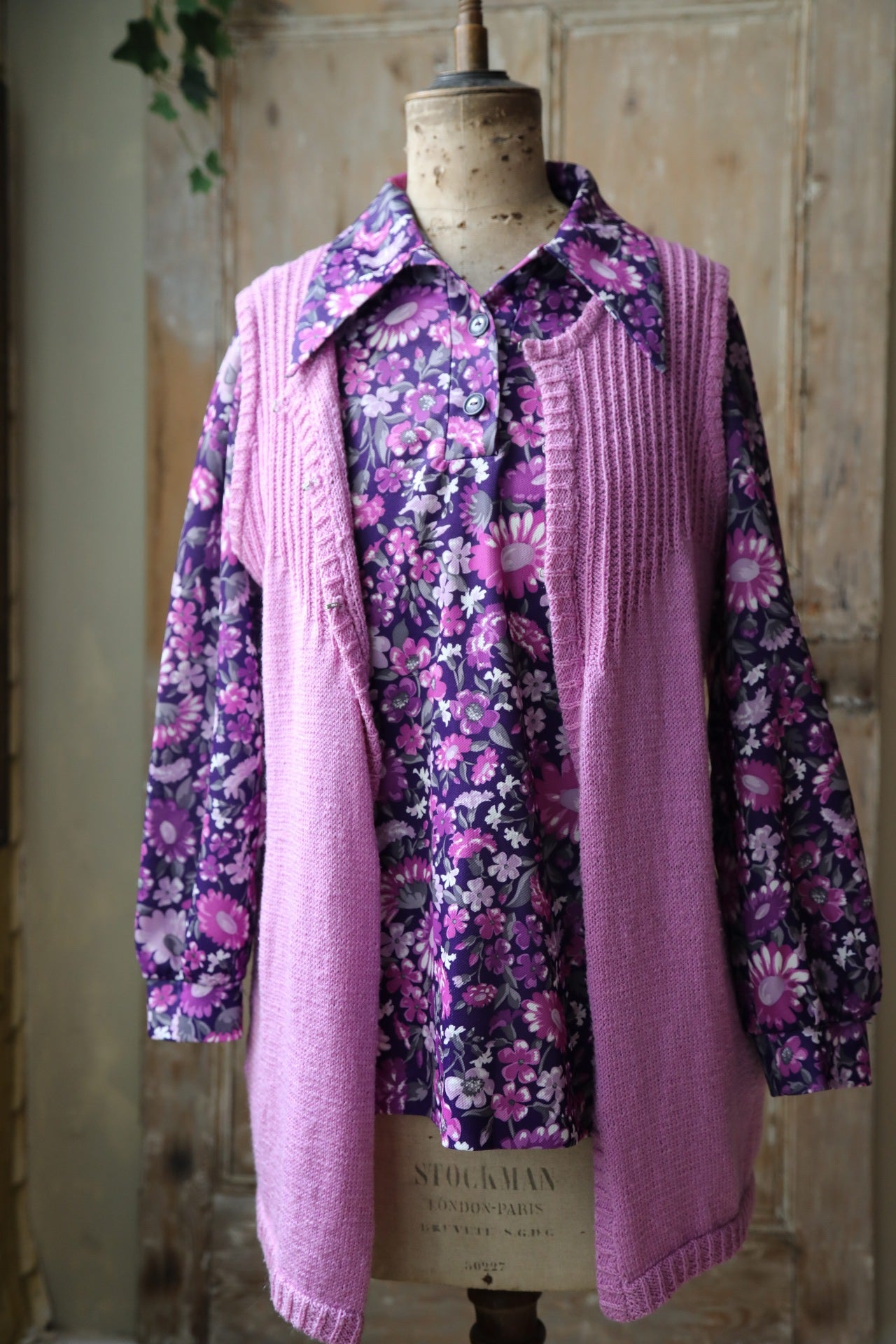 Vintage 1970s two piece - purple floral print blouse - knitted waistcoat