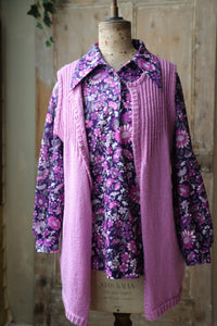 Vintage 1970s two piece - purple floral print blouse - knitted waistcoat