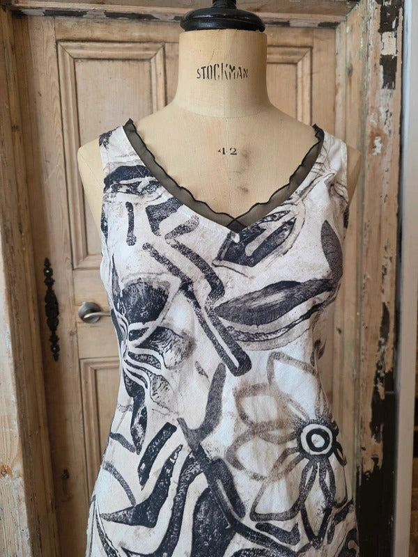Vintage Y2K Linen Blend Floral Abstract Maxi Dress | Boho Sleeveless | UK 8/10