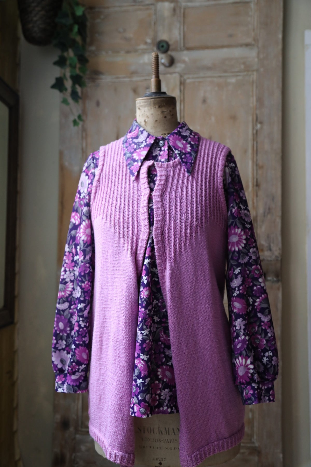 Vintage 1970s two piece - purple floral print blouse - knitted waistcoat