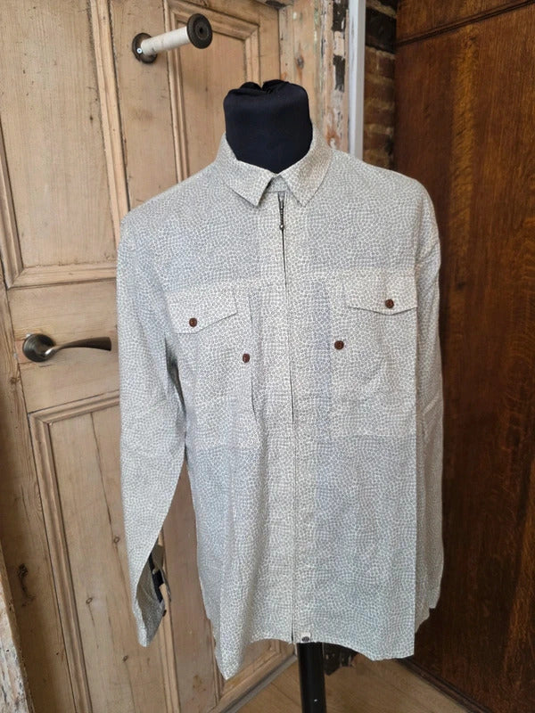 Pretty Green Slim Fit Shirt – Cream Micro Floral Zip Detail Button Up – Size XL