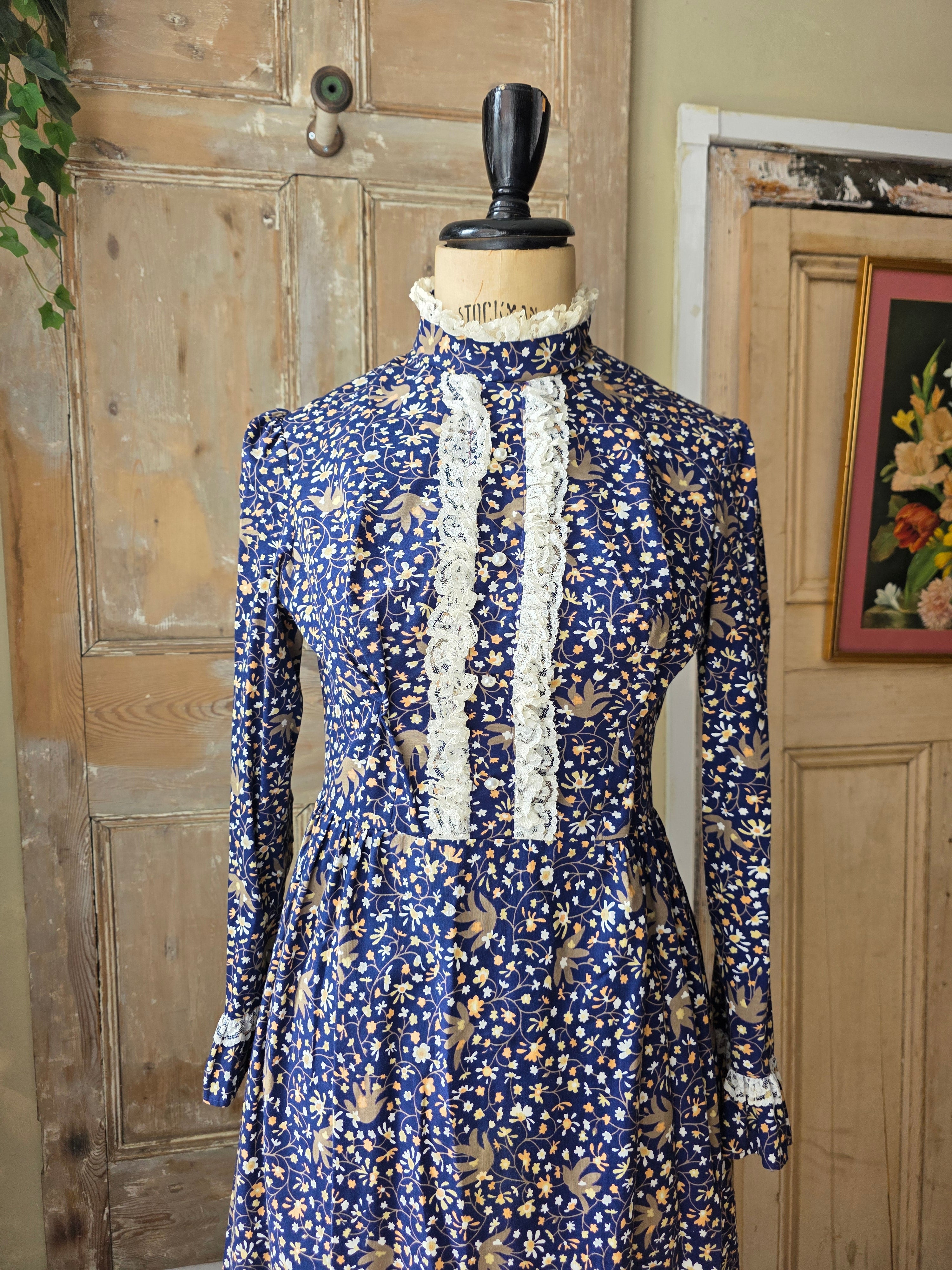 Vintage Prairie Dress High Neck Long Sleeve Maxi Lace Floral Cottagecore 70s