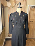 Vintage 1930s Black Wool Dress Embroidered Flowers Covered Buttons Waddesdon Manor UK 14